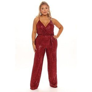 Jordan Woods x Boohoo Women's Size 14 Plus Sequin Jumpsuit Burgundy